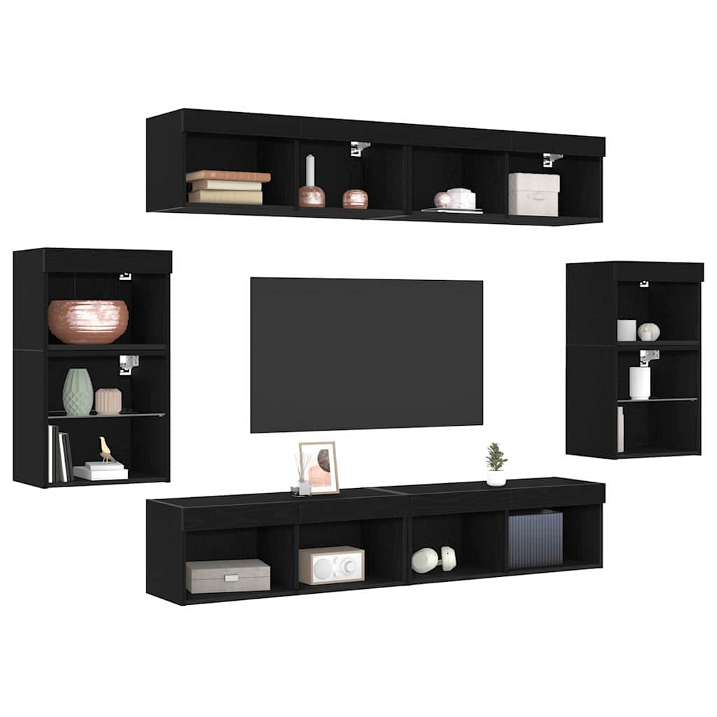TV-benksett med LED -stripelys 8 pcs Svart eik Konstruert tre