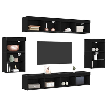 TV-benksett med LED -stripelys 8 pcs Svart eik Konstruert tre