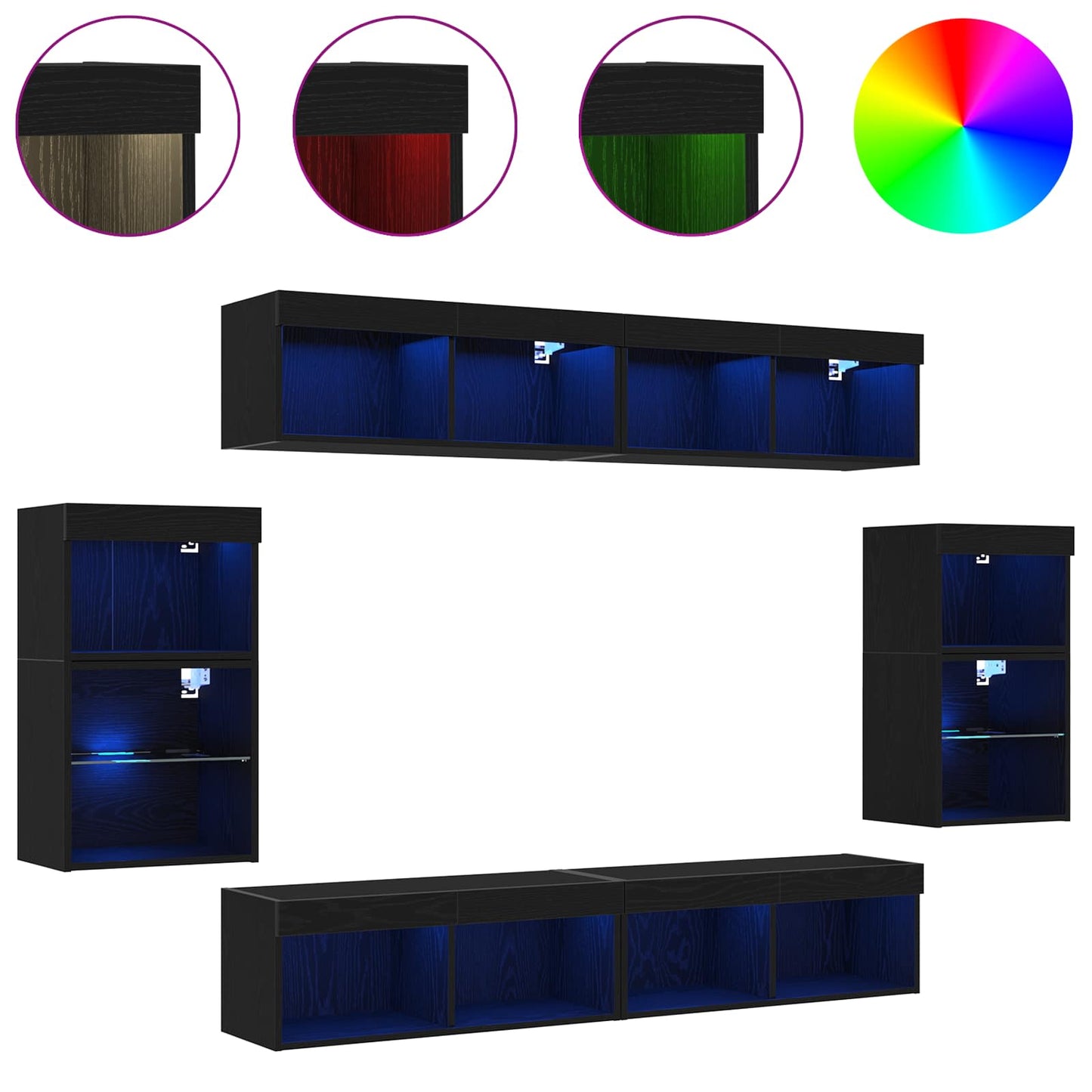 TV-benksett med LED -stripelys 8 pcs Svart eik Konstruert tre