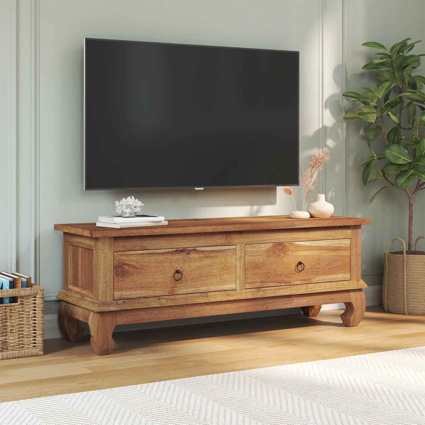 TV-benk med skuff Naturlig 110 x 35 x 40 cm Massivt Teaktre