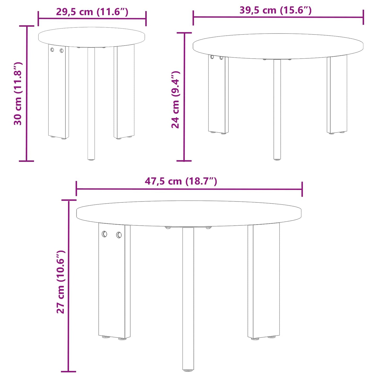Kaffebord 3 pcs Hvit Heltre furu