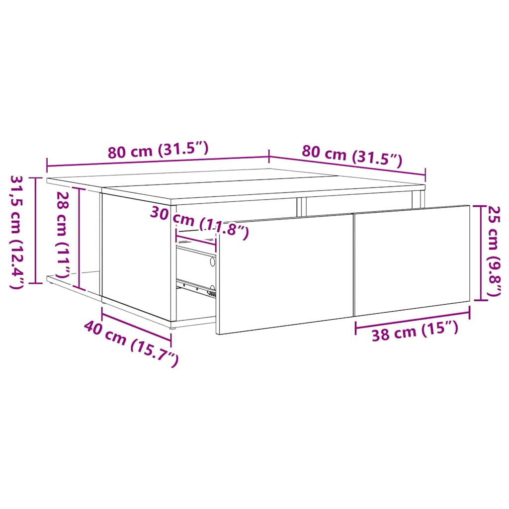 Kaffebord med skuff artisan eik 80 x 80 x 31 cm Konstruert tre