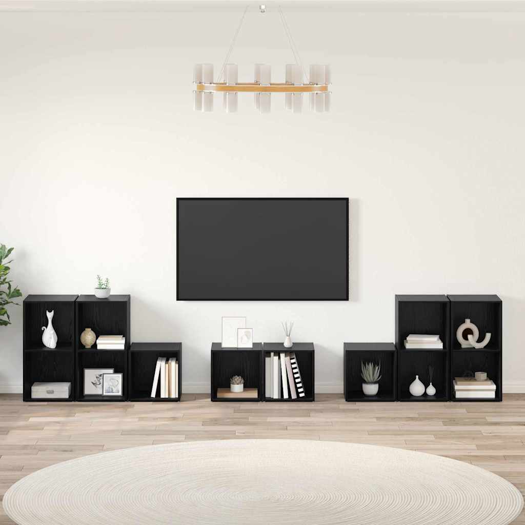 TV-benk sett Veggmontert 8 pcs Svart Eik Konstruert tre