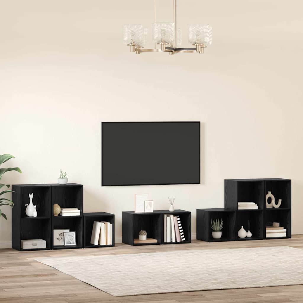 TV-benk sett Veggmontert 8 pcs Svart Eik Konstruert tre