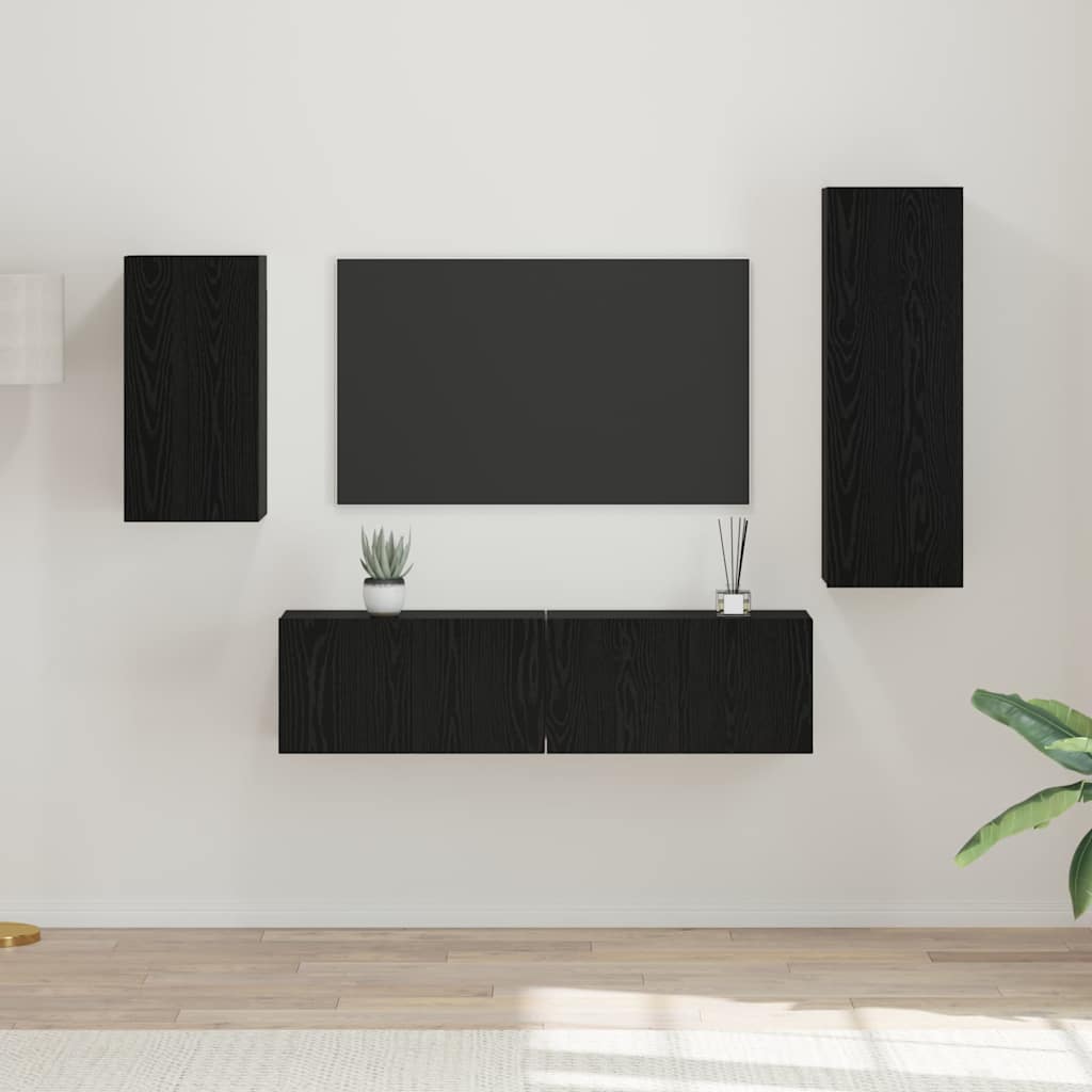 TV-benksett Veggmontert 4 pcs Svart Eik Konstruert tre
