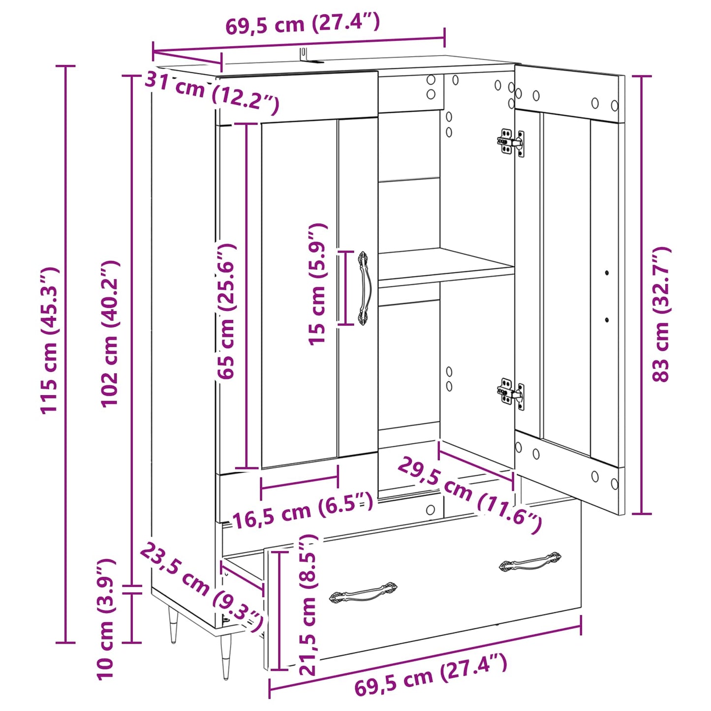 Skap Svart Eik med skuff 69,5 x 31 x 115 cm