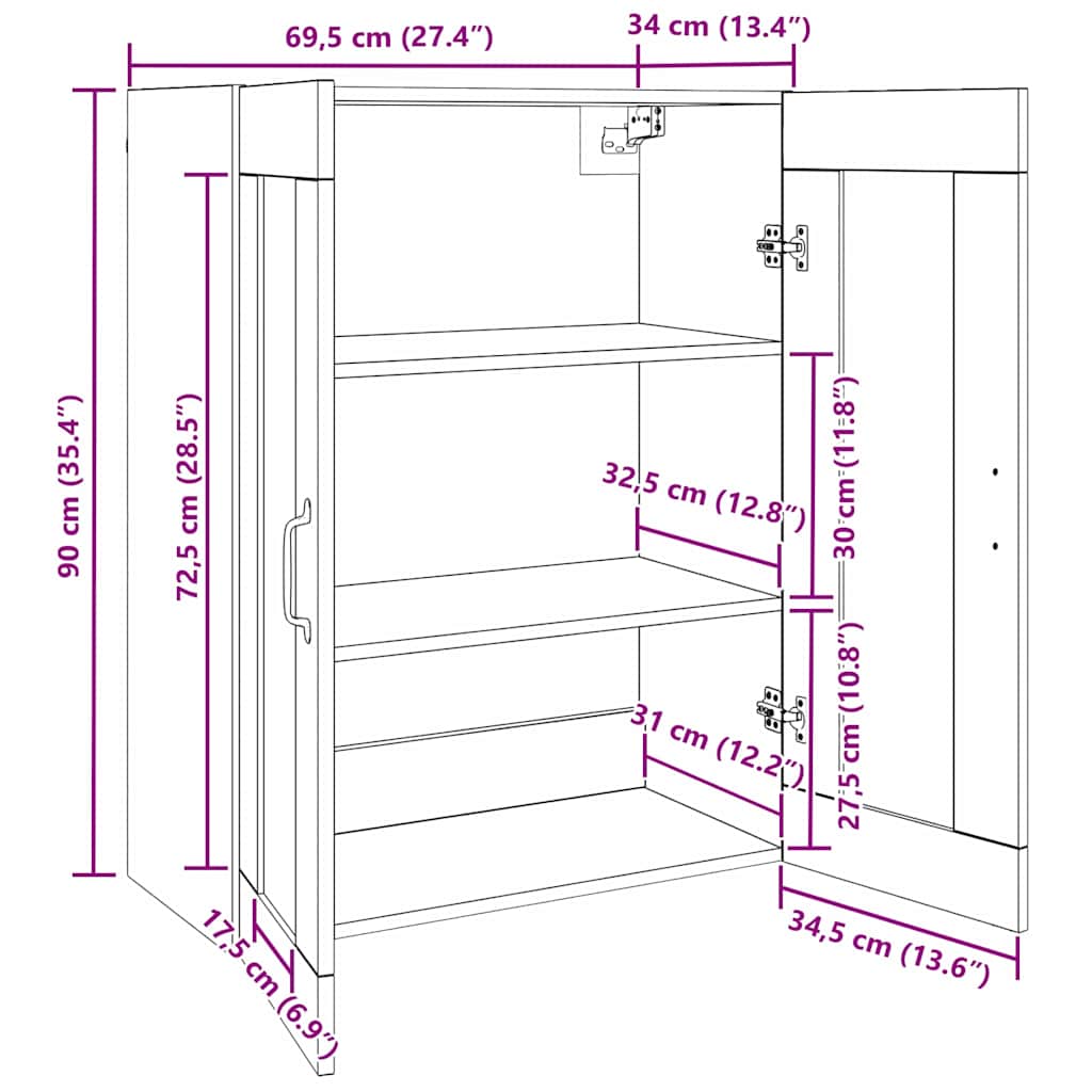 Veggskap Gammelt Tre 2 stk 69.5 x 34 x 90 cm