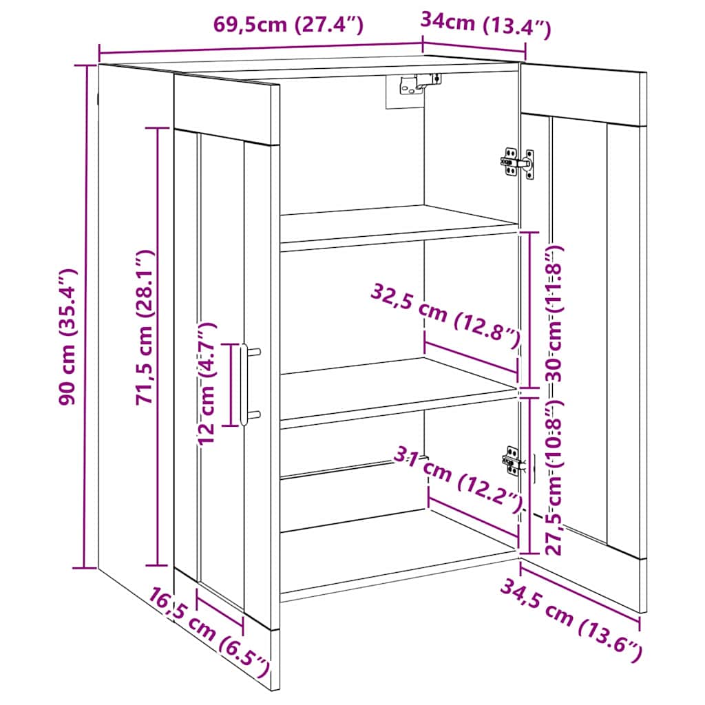 Veggskap Gammelt Tre 2 stk 69.5 x 34 x 90 cm
