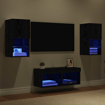 TV Veggskap med LED -stripelys 4 pcs Svart Eik Konstruert tre