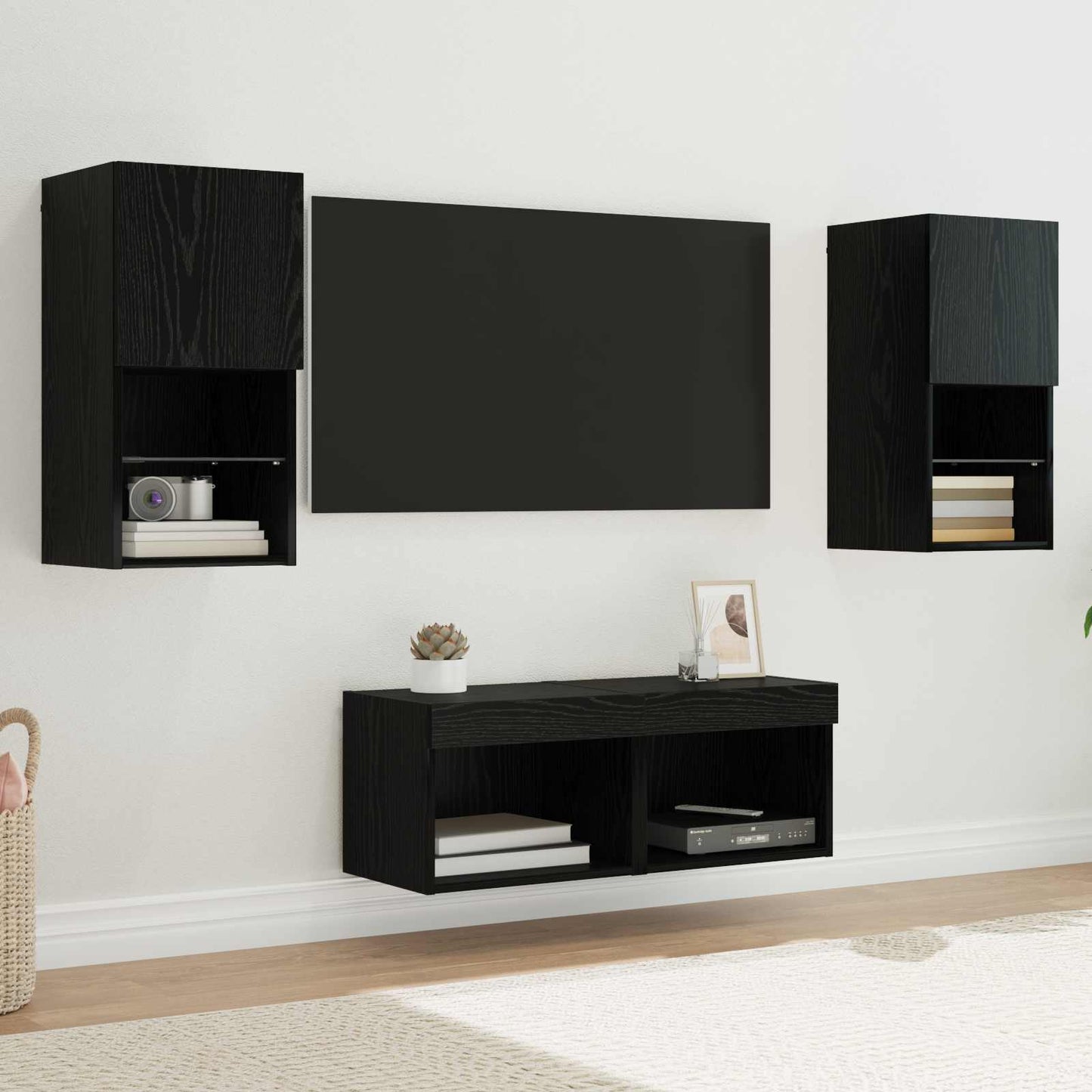 TV Veggskap med LED -stripelys 4 pcs Svart Eik Konstruert tre