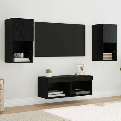 TV Veggskap med LED -stripelys 4 pcs Svart Eik Konstruert tre