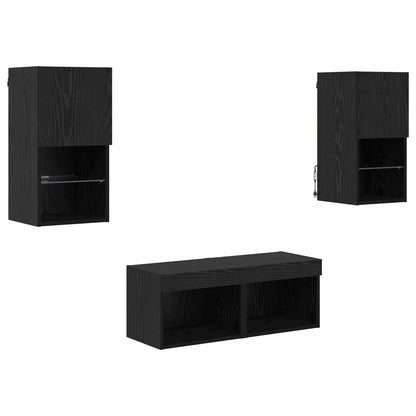 TV Veggskap med LED -stripelys 4 pcs Svart Eik Konstruert tre