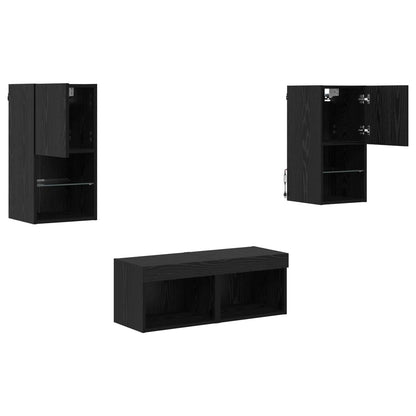 TV Veggskap med LED -stripelys 4 pcs Svart Eik Konstruert tre