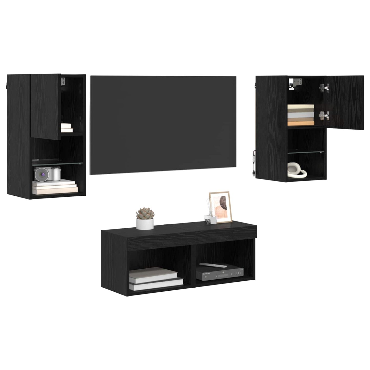 TV Veggskap med LED -stripelys 4 pcs Svart Eik Konstruert tre