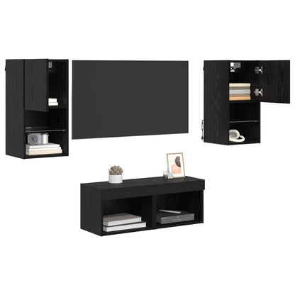 TV Veggskap med LED -stripelys 4 pcs Svart Eik Konstruert tre