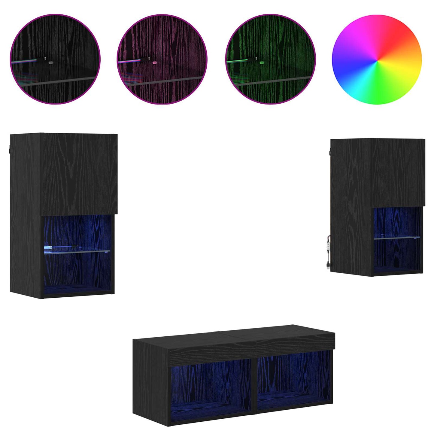 TV Veggskap med LED -stripelys 4 pcs Svart Eik Konstruert tre