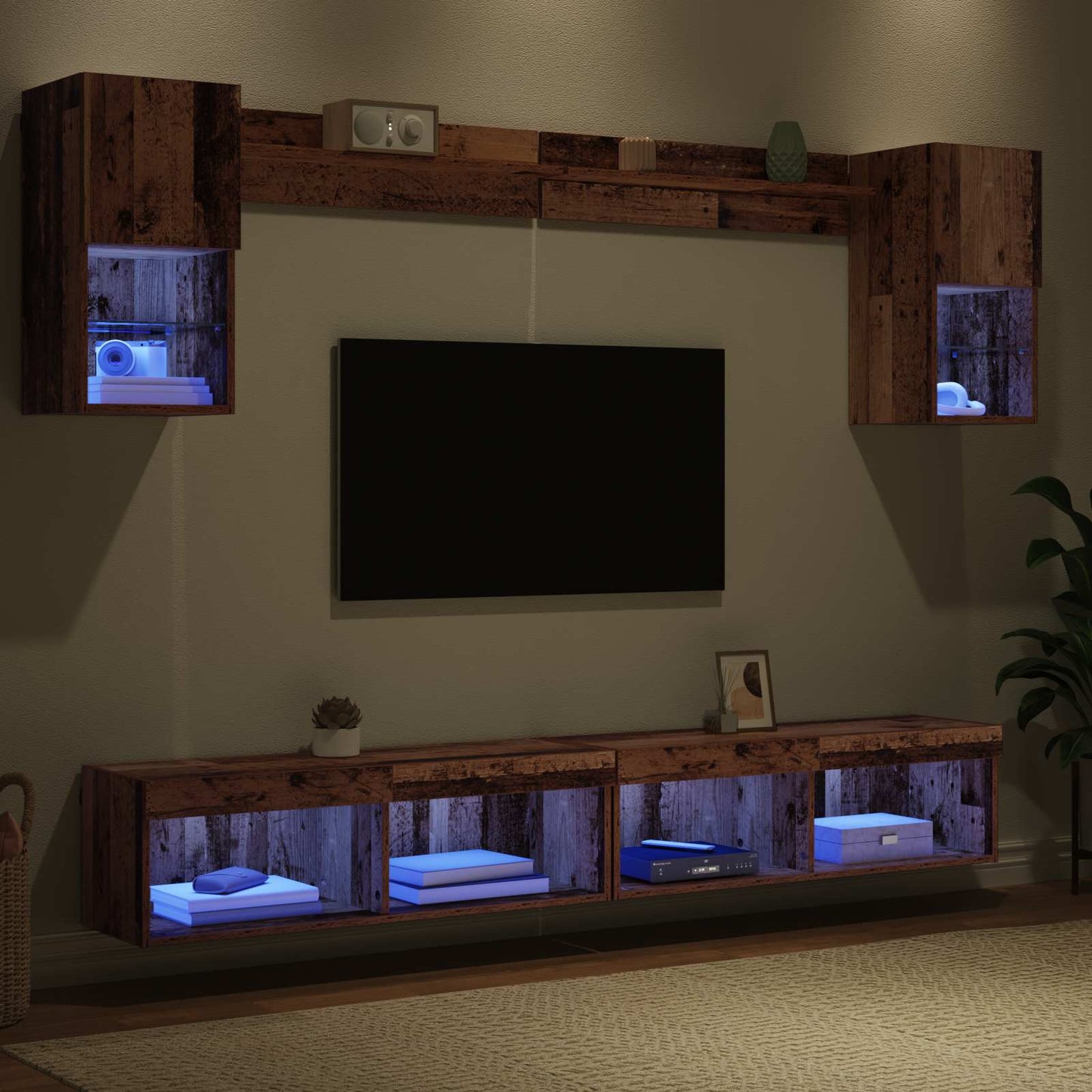 TV veggenheter med LED med LED 6 pcs Gammelt tre Konstruert tre