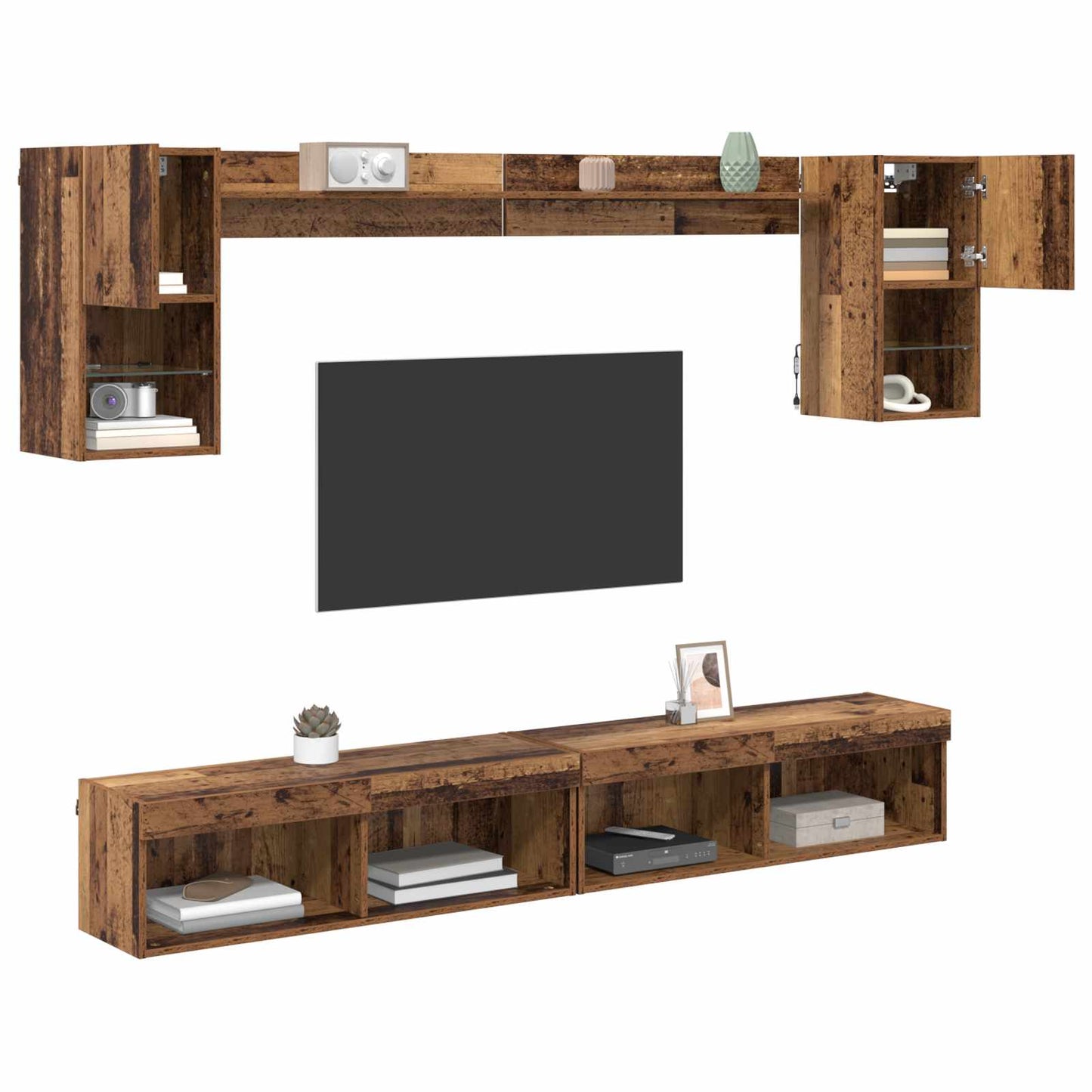TV veggenheter med LED med LED 6 pcs Gammelt tre Konstruert tre