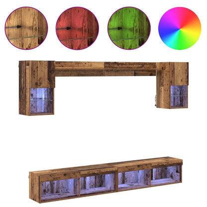 TV veggenheter med LED med LED 6 pcs Gammelt tre Konstruert tre