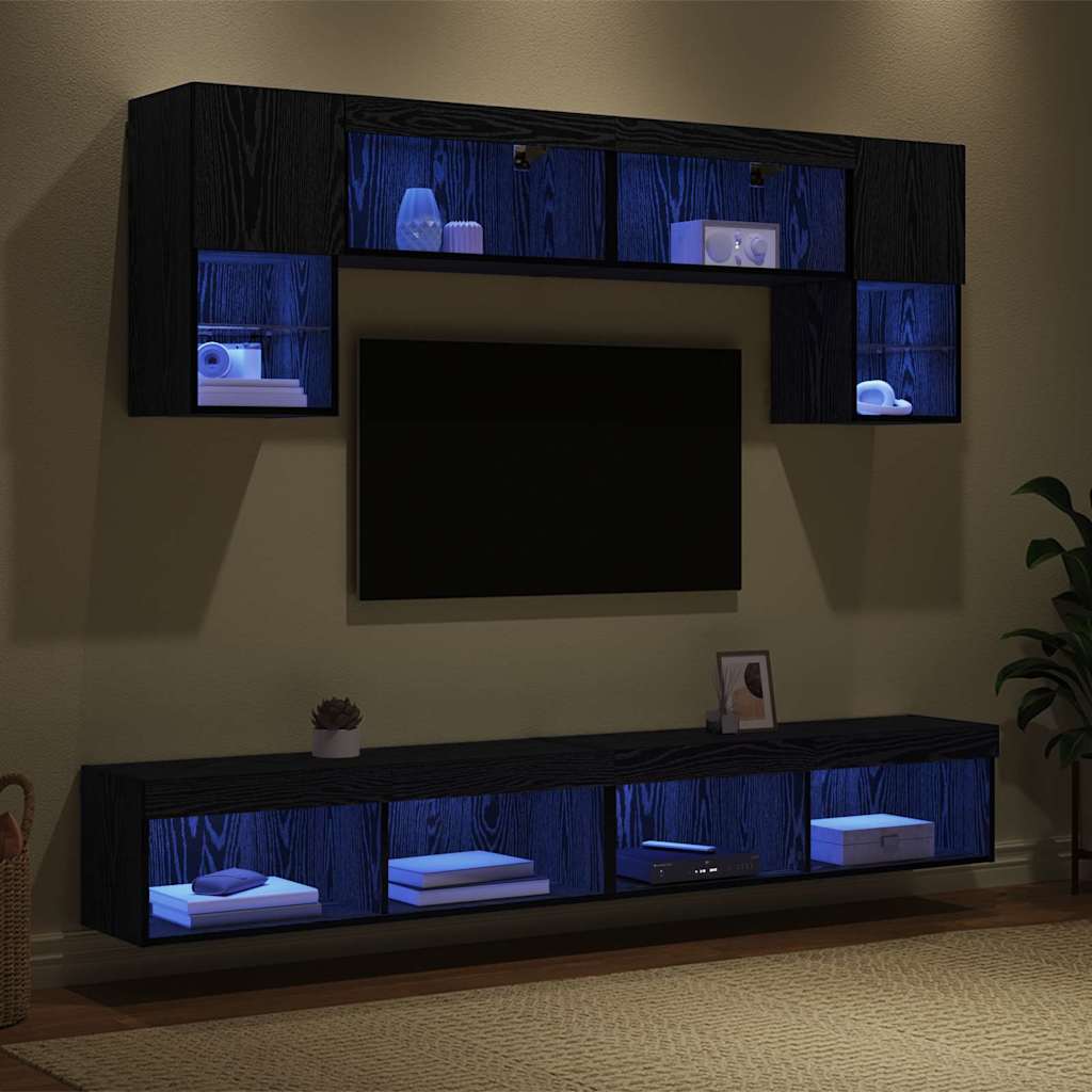 TV veggenheter med LED 6 pcs Svart Eik Konstruert tre