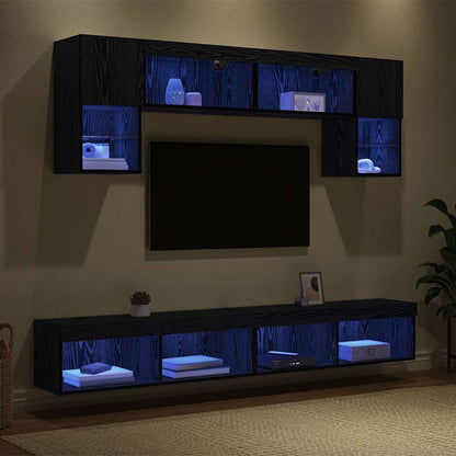 TV veggenheter med LED 6 pcs Svart Eik Konstruert tre