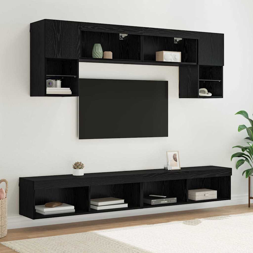 TV veggenheter med LED 6 pcs Svart Eik Konstruert tre