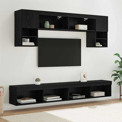 TV veggenheter med LED 6 pcs Svart Eik Konstruert tre