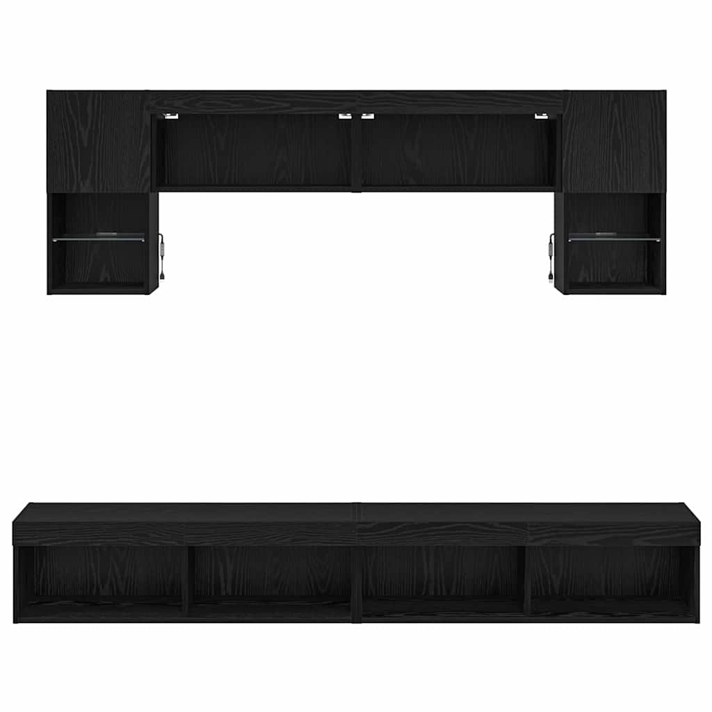 TV veggenheter med LED 6 pcs Svart Eik Konstruert tre