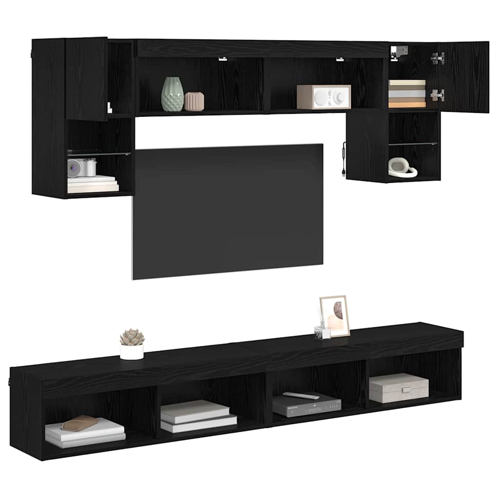 TV veggenheter med LED 6 pcs Svart Eik Konstruert tre