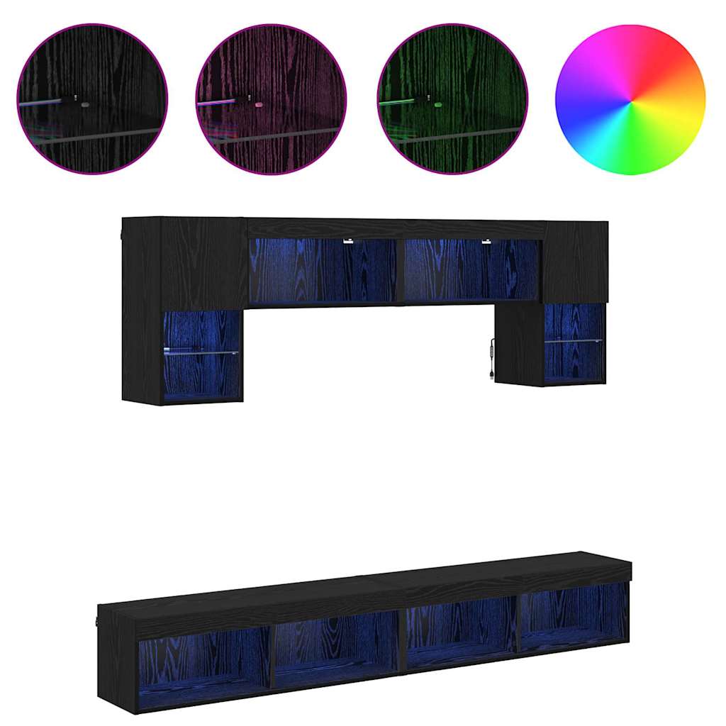 TV veggenheter med LED 6 pcs Svart Eik Konstruert tre