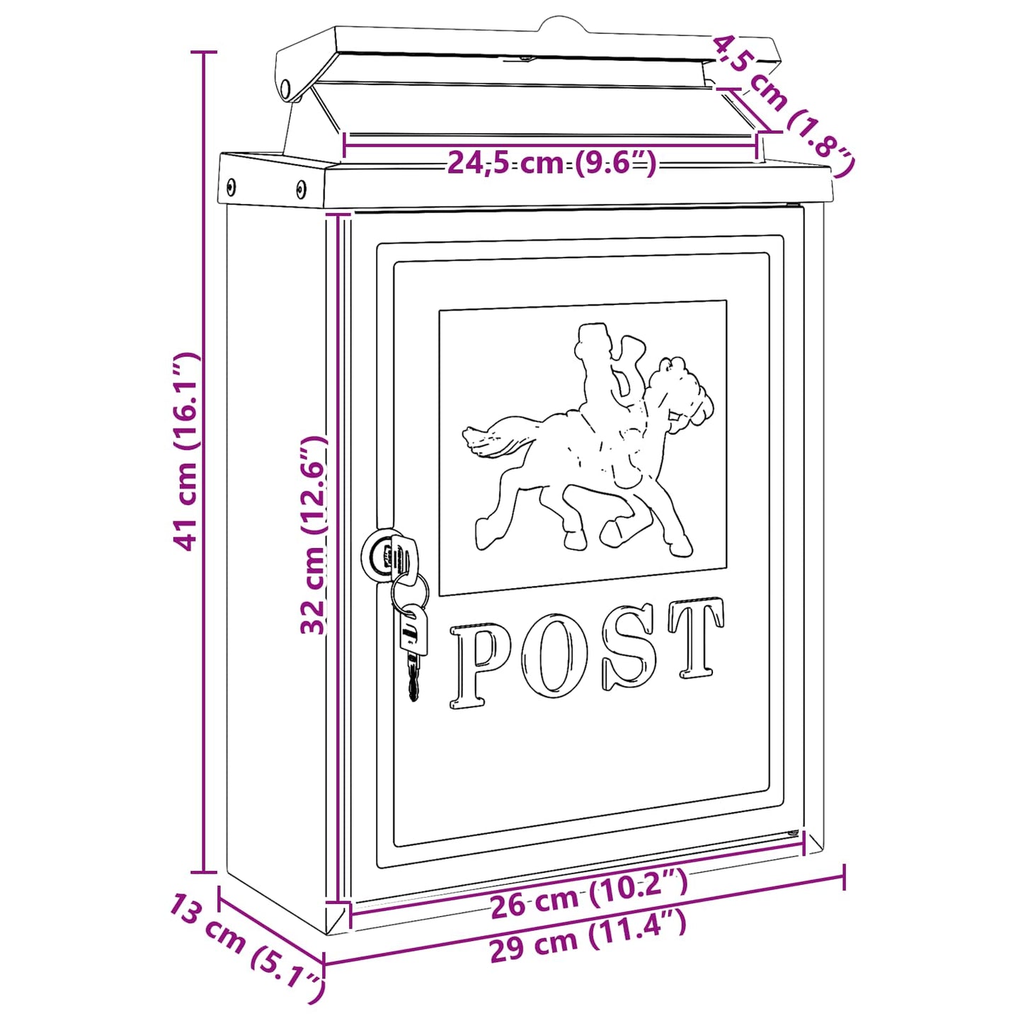 Veggmontert postkasse Rød 29 x 13 x 41 cm Støpt aluminium