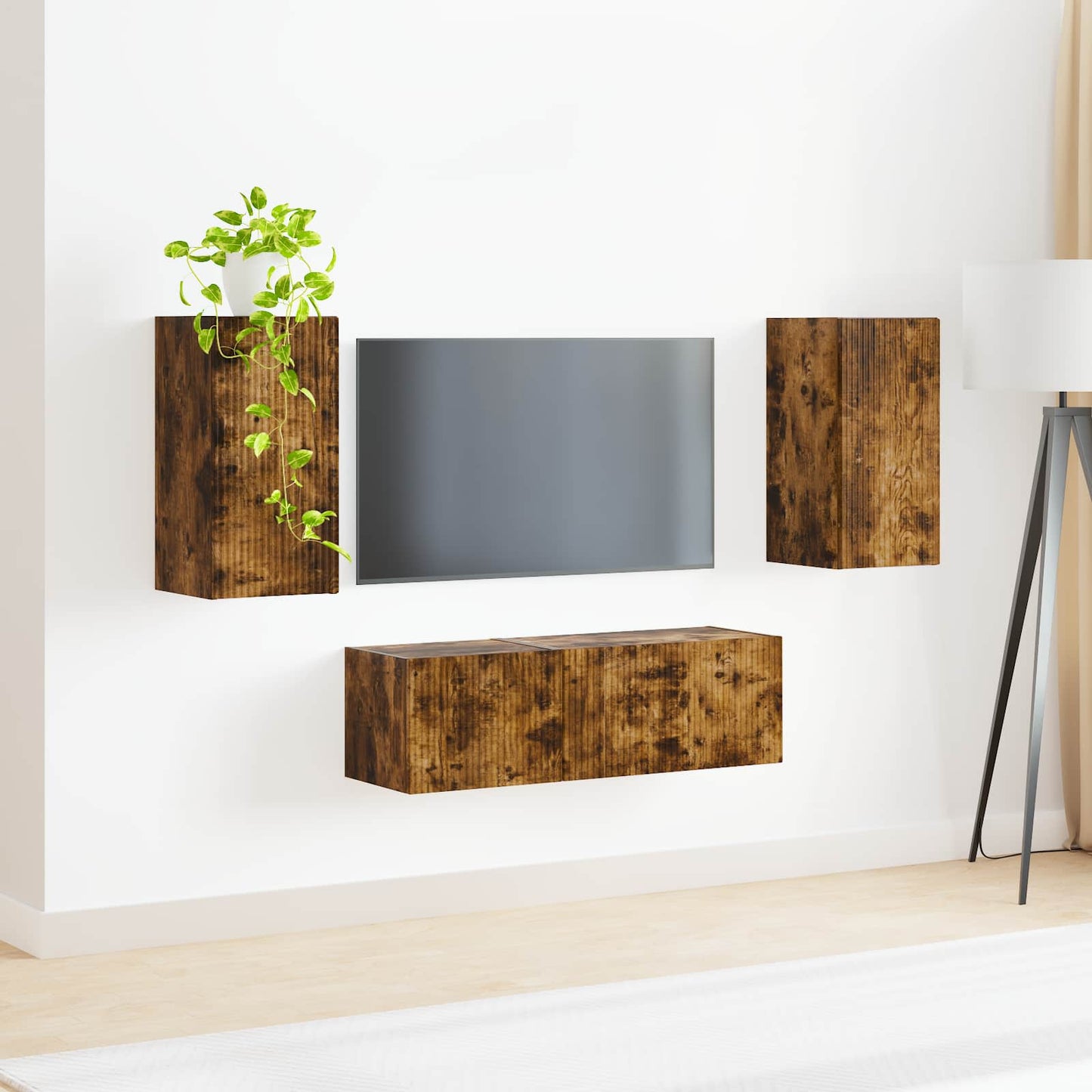 TV vegghyllesett Veggmontert 4 pcs Røkt eik Konstruert tre