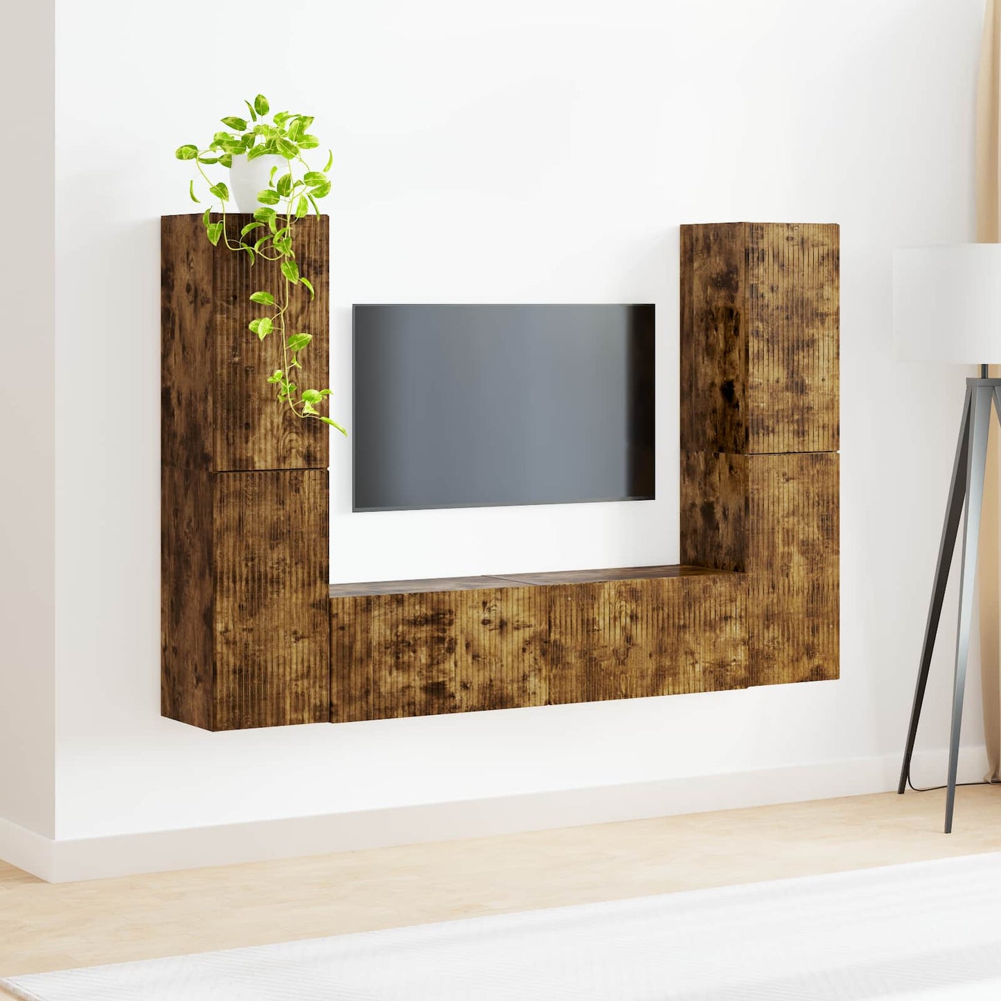 TV-benksett 6 pcs Røkt eik Konstruert tre