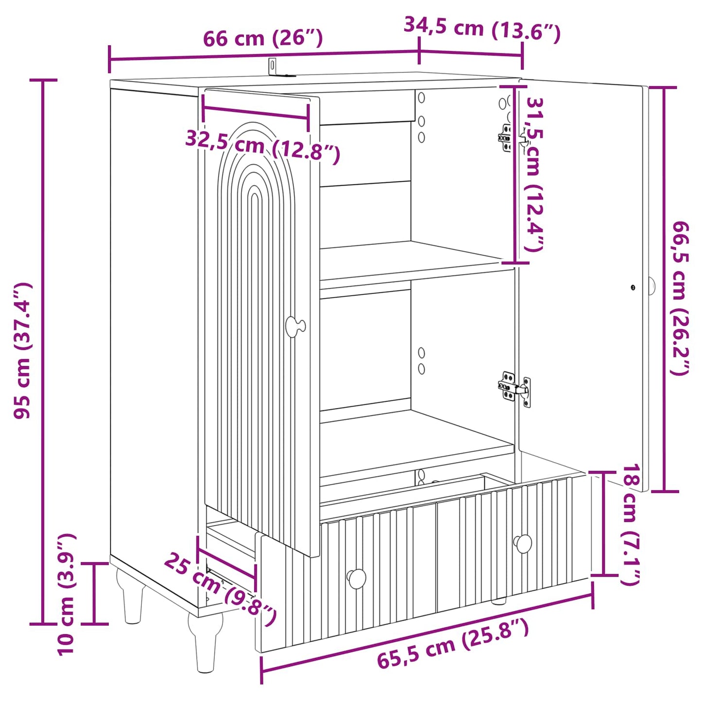 Serviesskap med skuff Svart 66 x 34,5 x 95 cm Konstruert tre