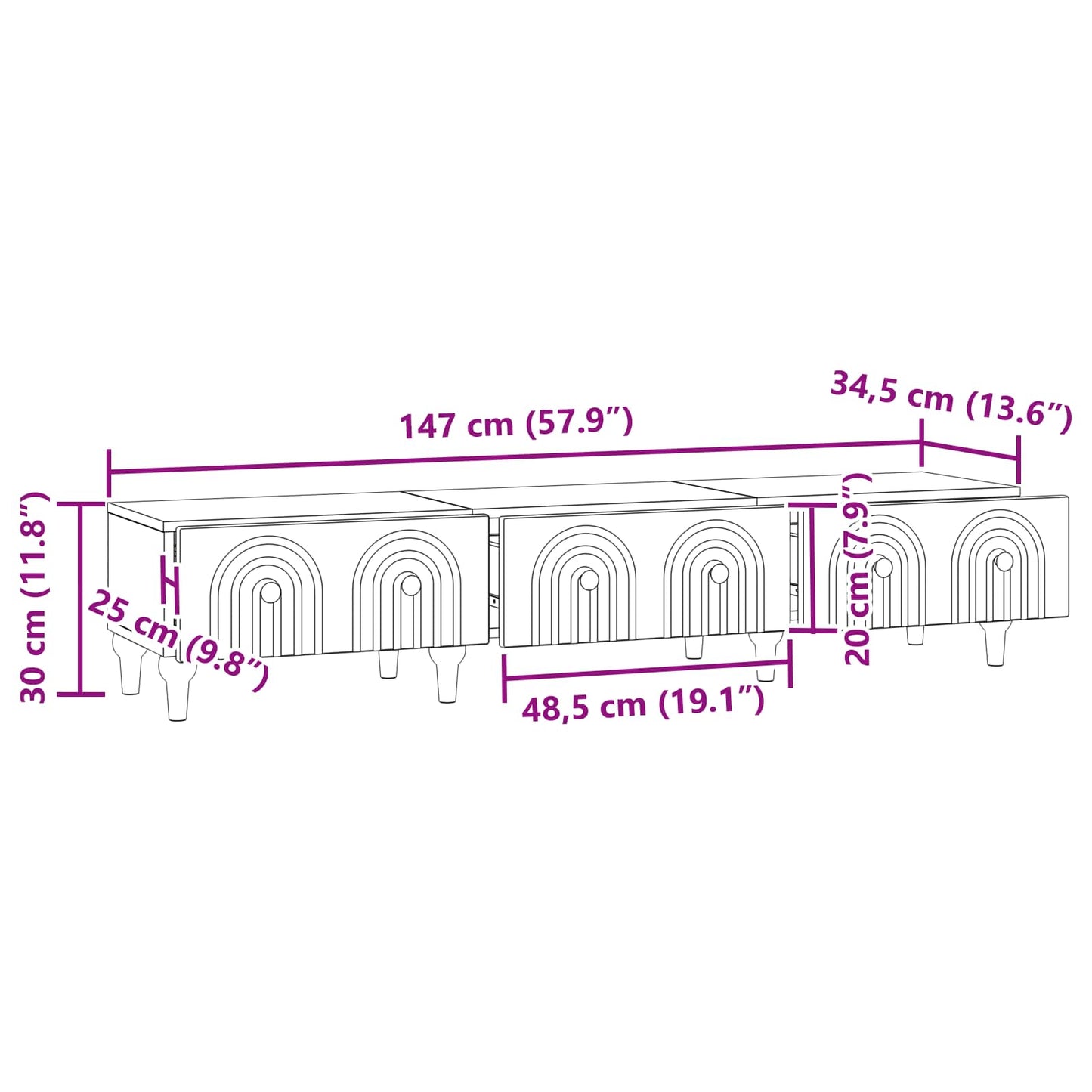 TV-skap med skuff Gammelt tre 147 x 34,5 x 30 cm Konstruert tre