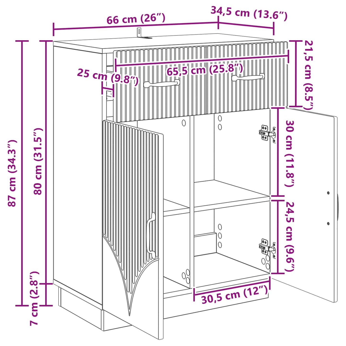Serviesskap Høgglans hvit 66 x 34,5 x 87 cm Konstruert tre