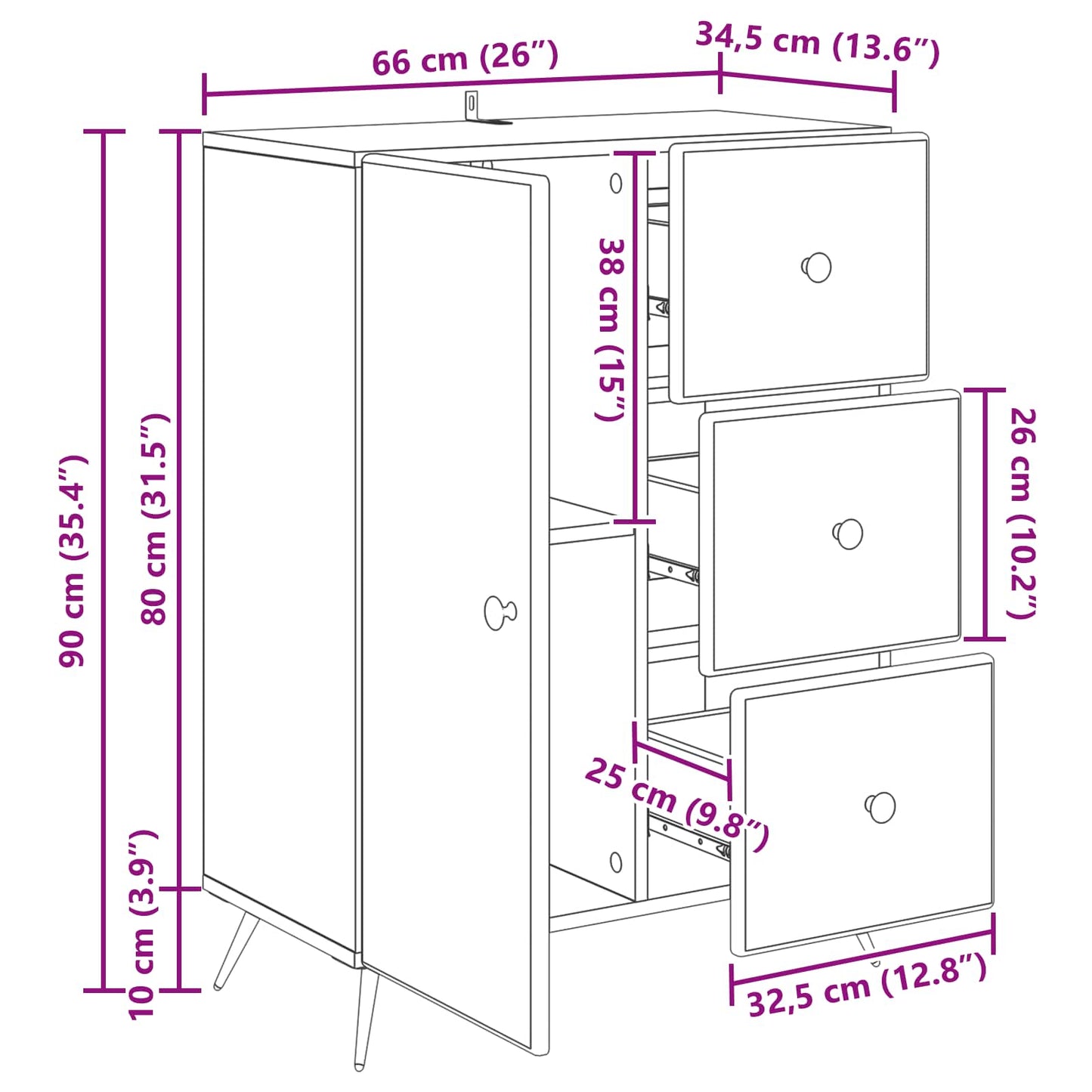 Serviesskap med skuff Svart 66 x 34,5 x 90 cm Konstruert tre