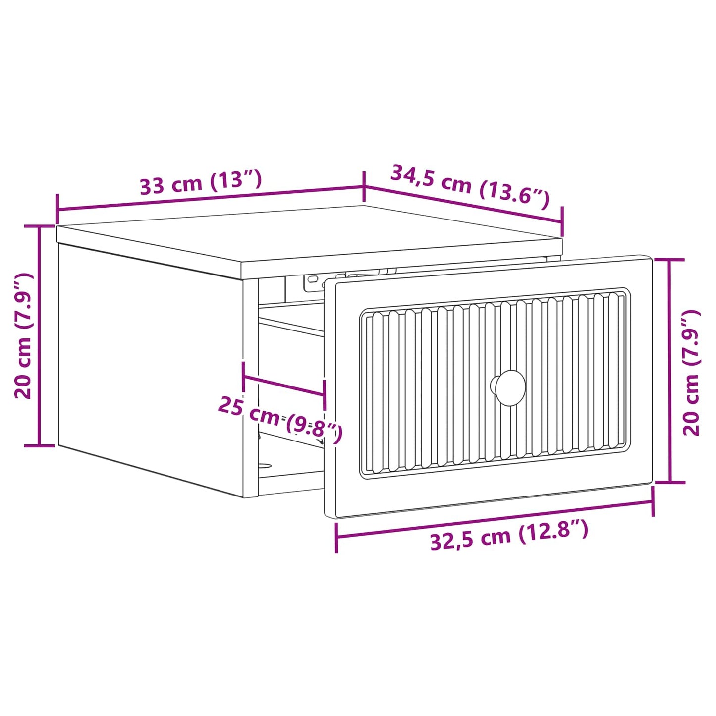 Vegghengt Nattbord med skuff 2 pcs Betonggrå 33 x 34,5 x 20 cm