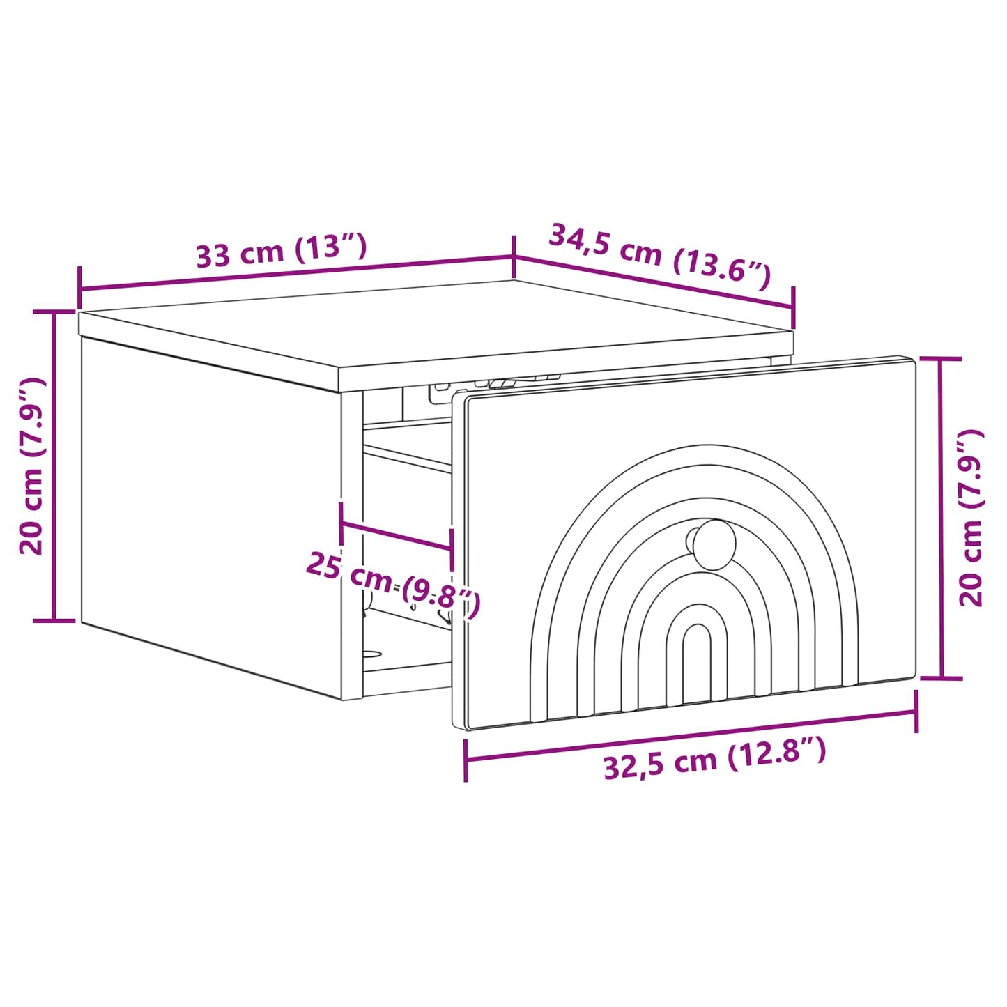 Vegghengt Nattbord med skuff 2 pcs Betonggrå 33 x 34,5 x 20 cm