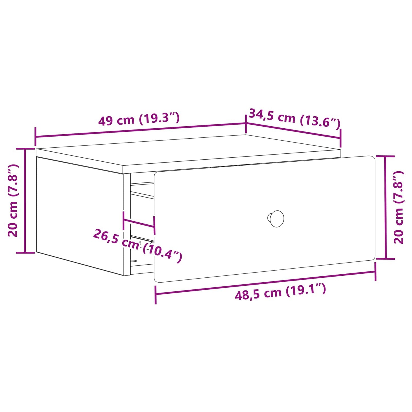 Vegghengt Nattbord med skuff 2 pcs Betonggrå 49 x 34,5 x 20 cm