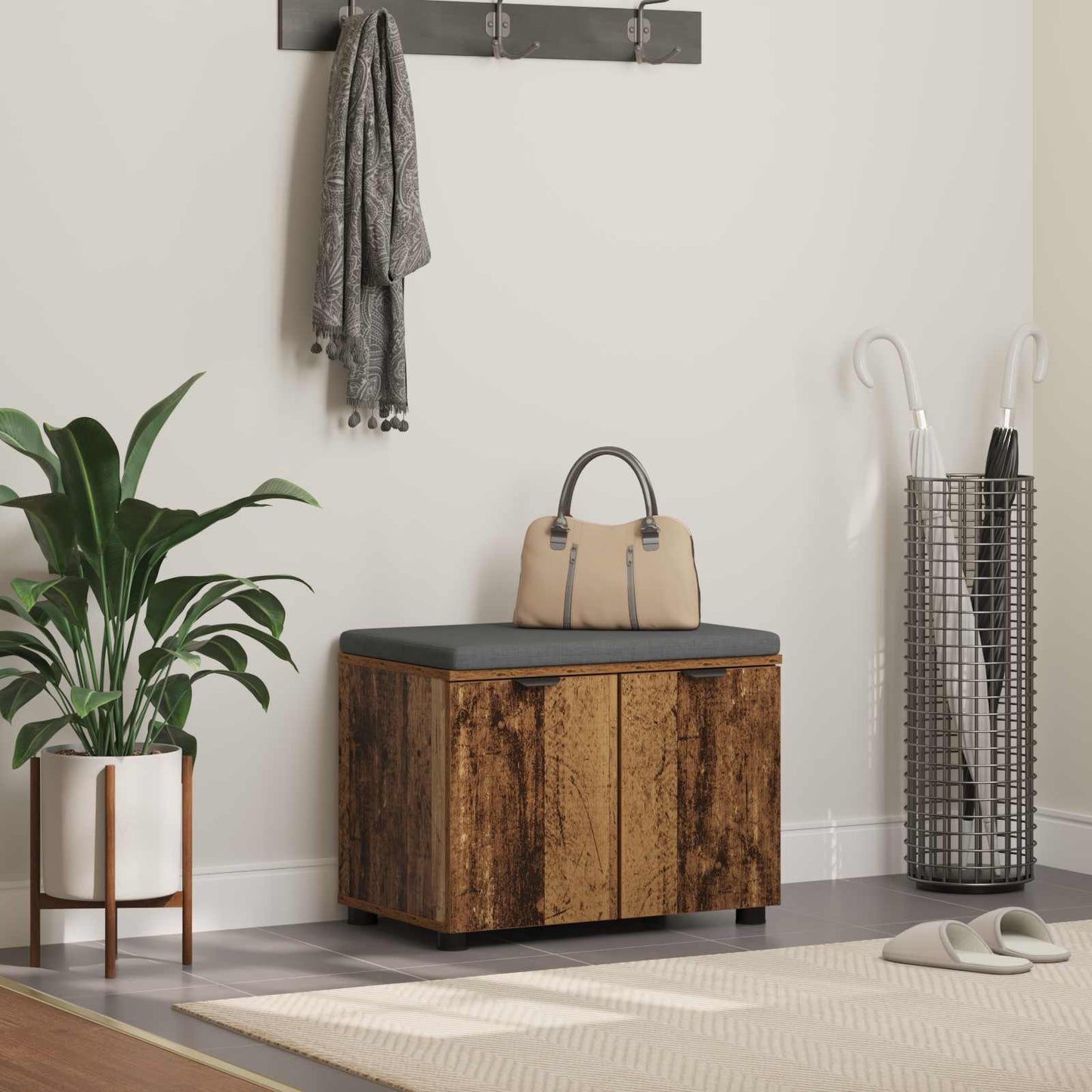 Gangbenk med pute med hylle med dør Gammelt tre 60 x 38 x 46 cm