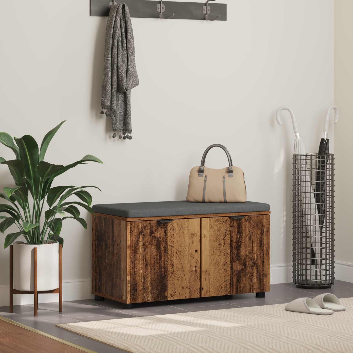 Gangbenk med pute med hylle med dør Gammelt tre 80 x 38 x 46 cm