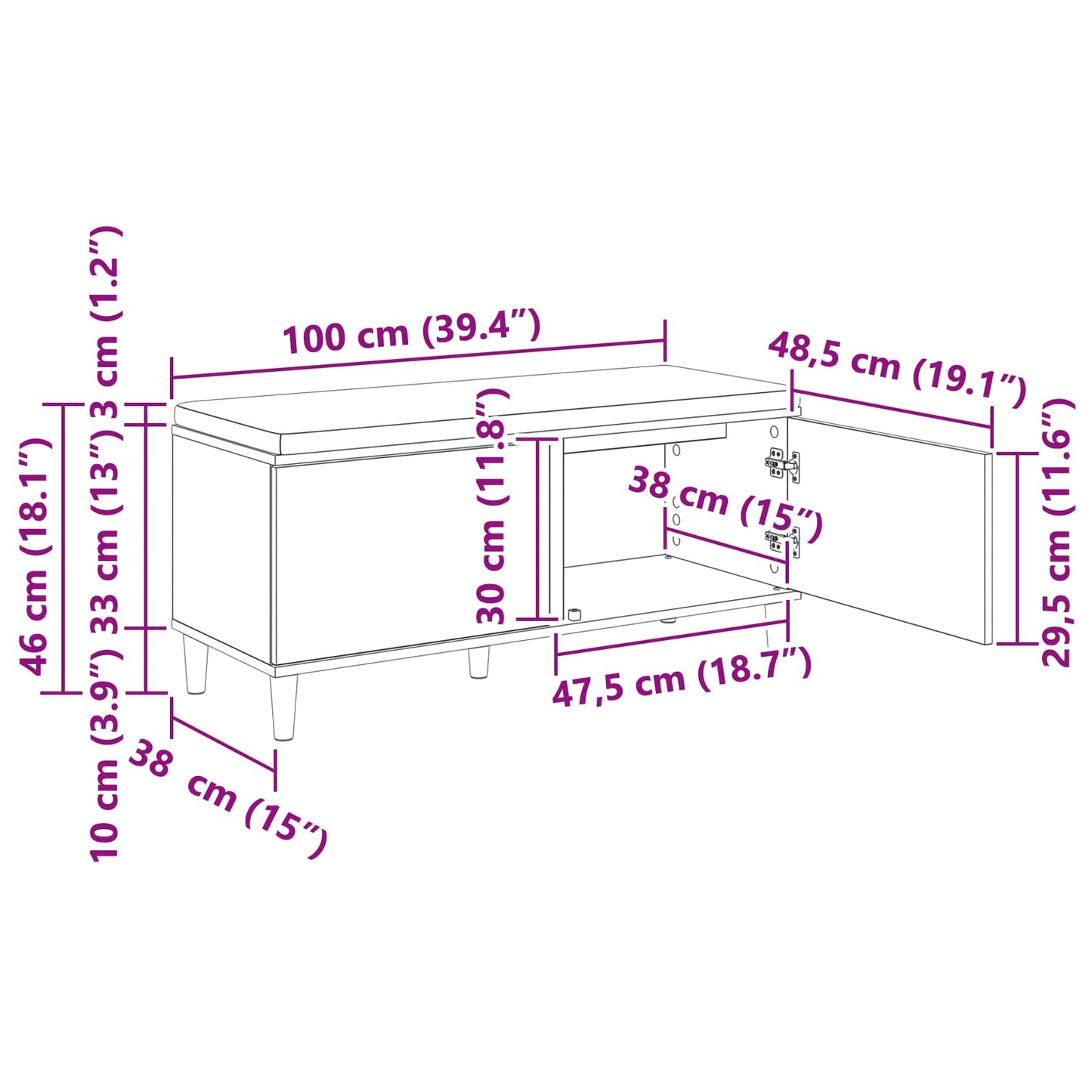 Hallbenk Betonggrå 100 x 38 x 46 cmverk og stoff