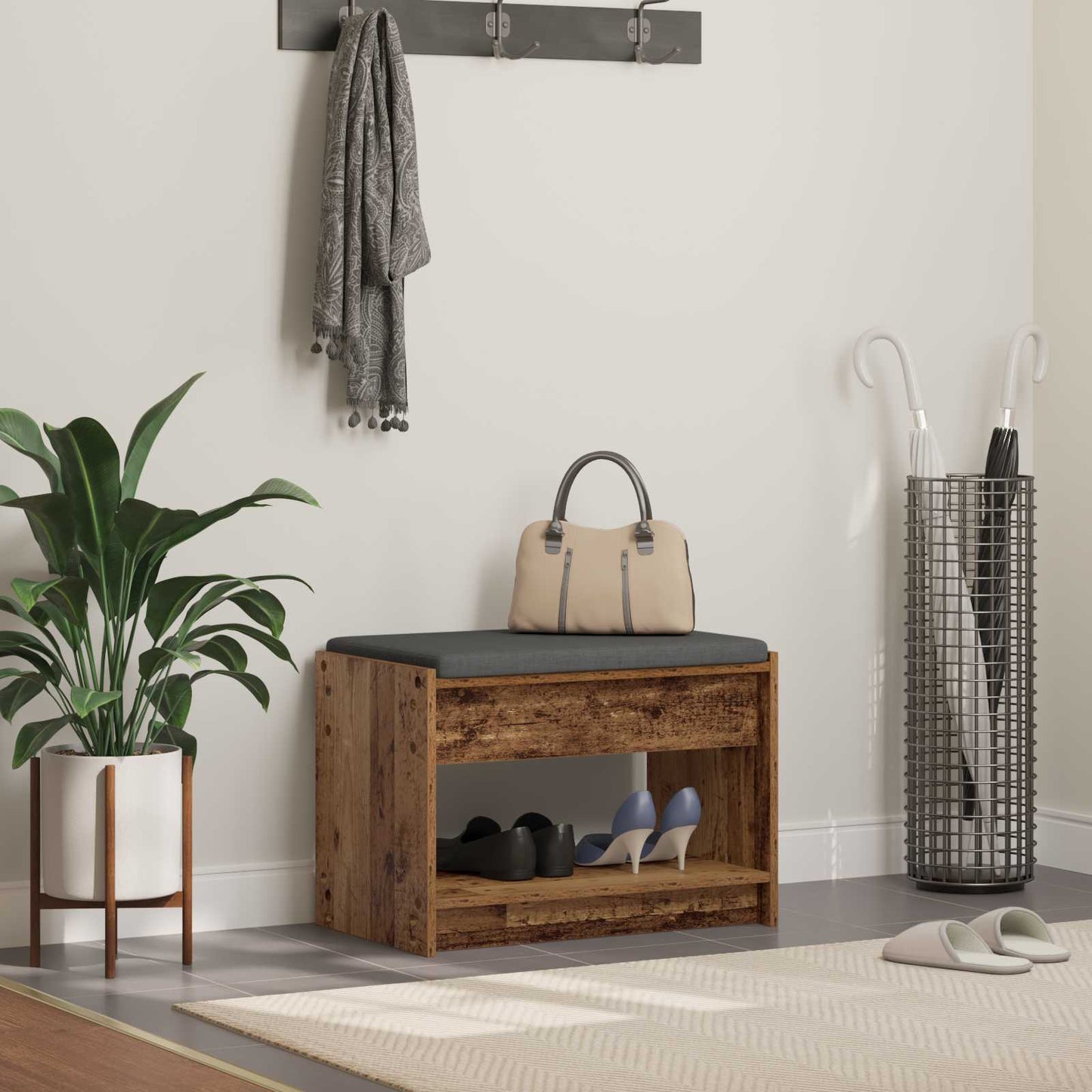 Gangbenk med pute med hylle Gammelt tre 63 x 38 x 45 cm