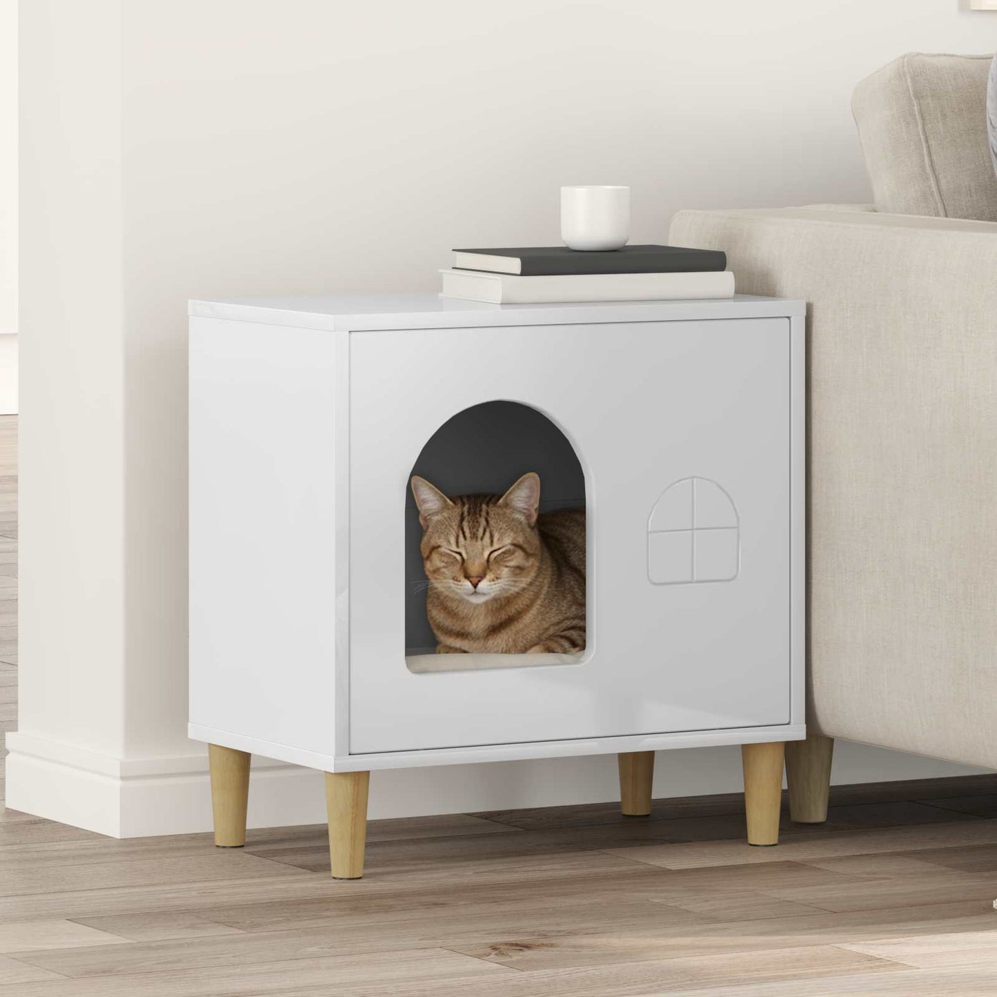 Katt Hus Glanset Hvit 51 x 30 x 52 cm Konstruert tre