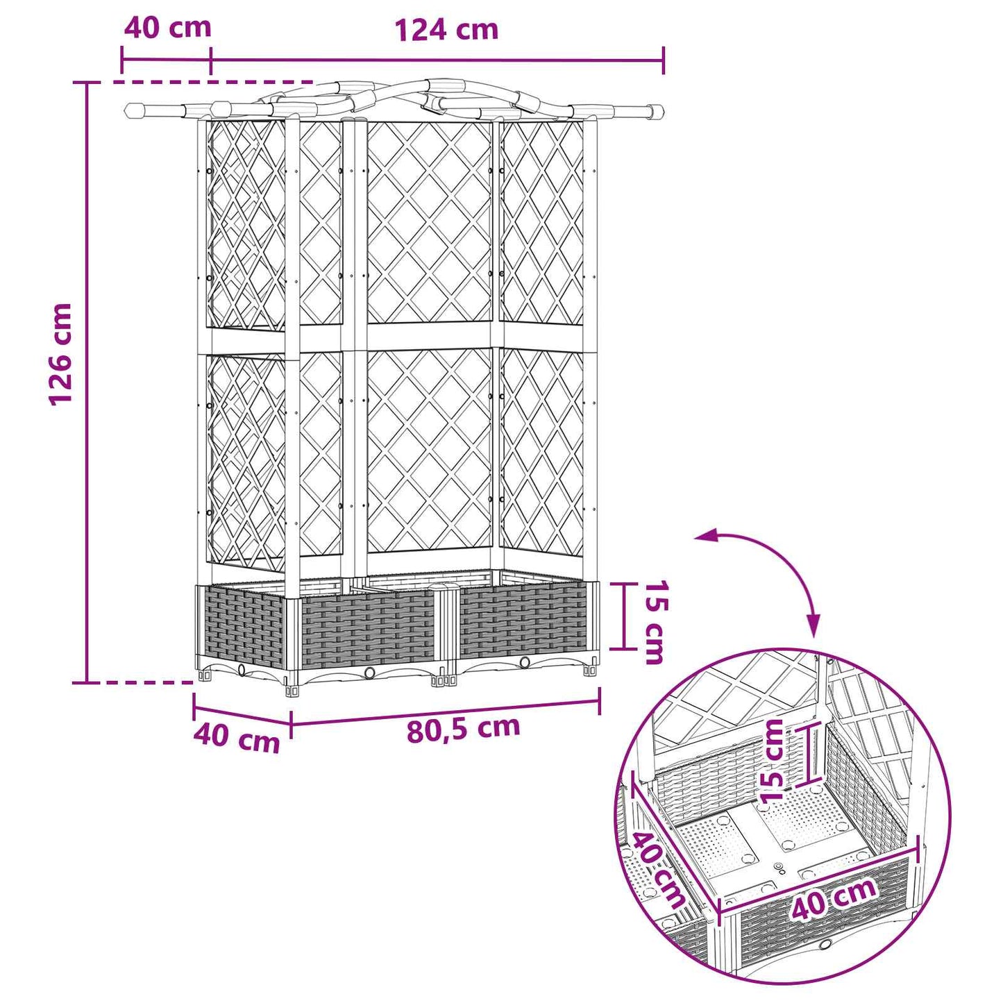 Hevet Bed med Trellis og Tak Brun 124 x 40 x 126 cm PP