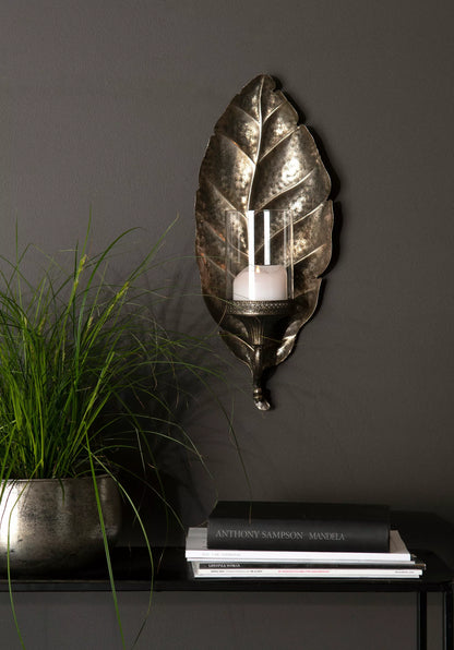 Lysestake Wall Løv Antikk Sølv 20x11x49cm