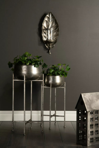 Lysestake Wall Løv Antikk Sølv 20x11x49cm