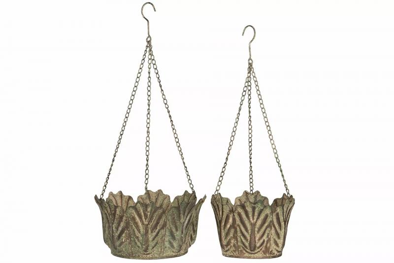 Blomsterpotte Ampel Blad Metall Grønn 29x16cm 2-pack