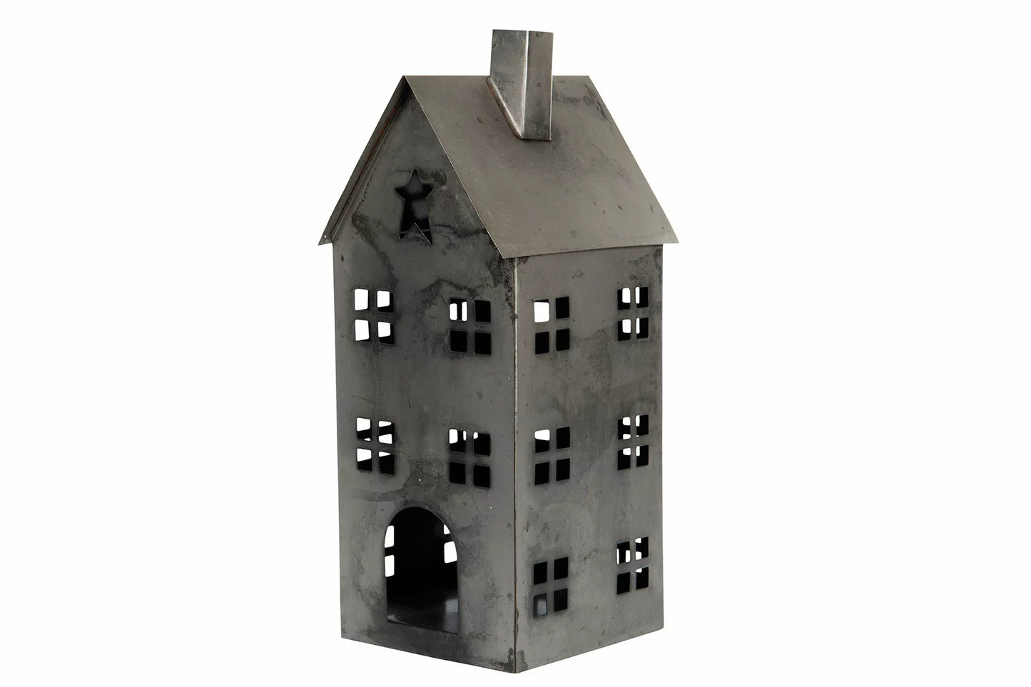 Lysestake Lyslykt Hus Metall Gammel Grå 14x15,5x33cm
